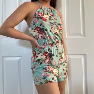 turquoise floral adjustable neckline romper